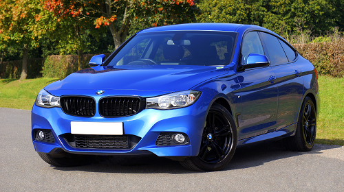 a close up of a blue car